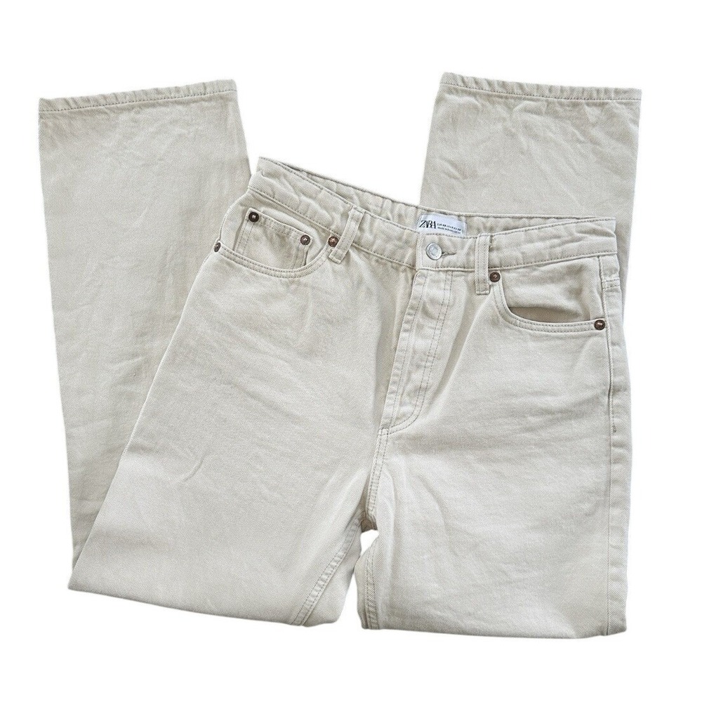 ZARA Womens High Waisted Straight Leg Jeans Ecru Beige Sz 6 Button Fly Stovepipe